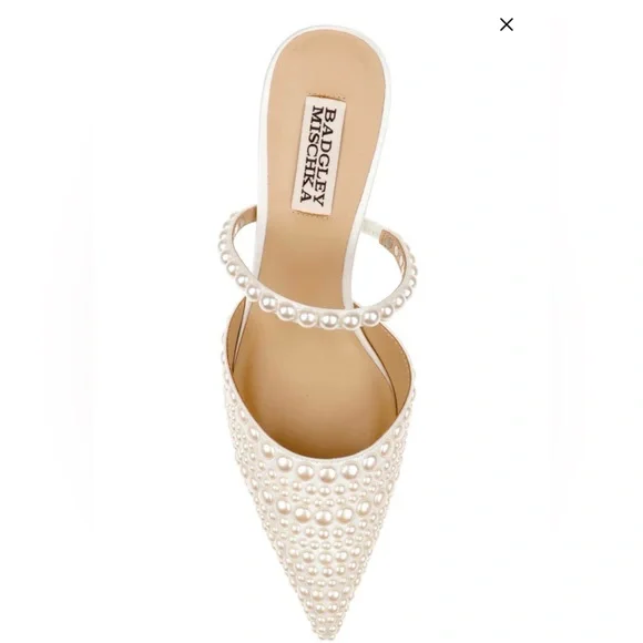 Badgley Mischka White Pearl-Embellished Pointed Mule Heels - Picture 2 of 6